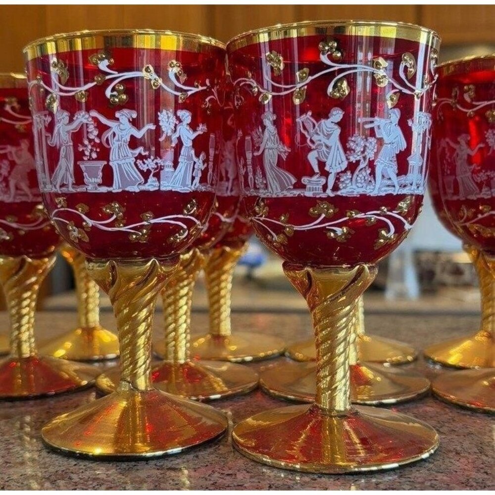 Murano Venetian Neoclassical Wine Glasses Set of 12 Ruby  24k Heavy Gold Gilded - Picture 5 of 10